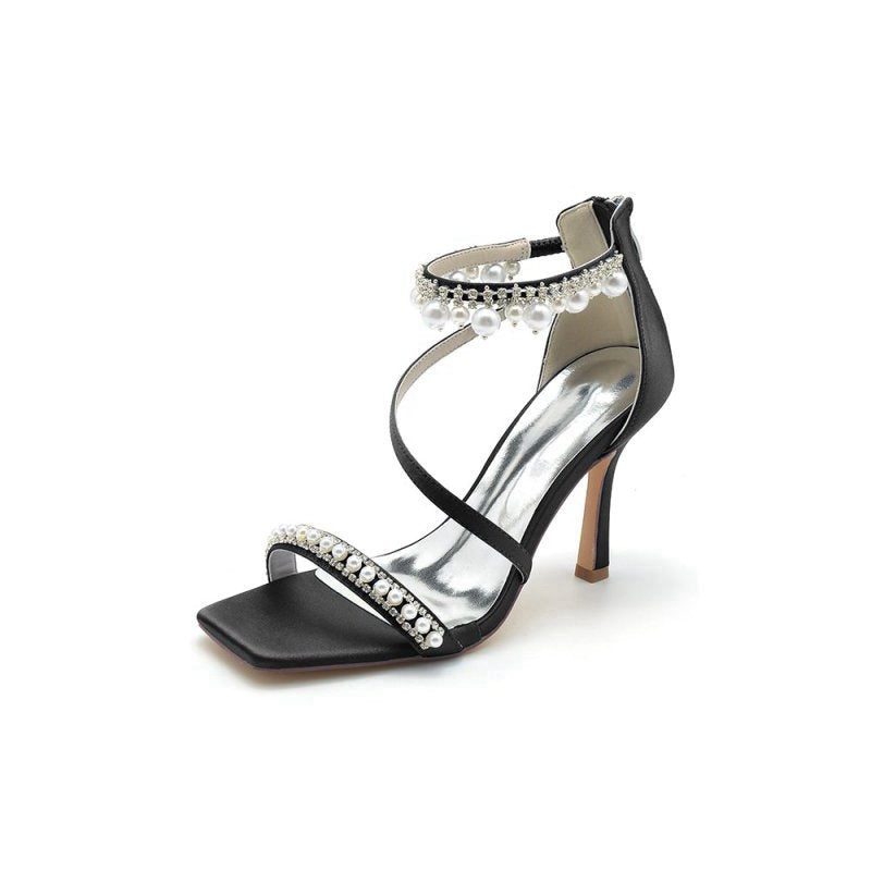 Square Open Toe Pearl Satin Stiletto Heels