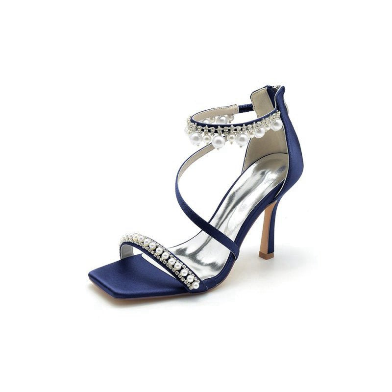 Square Open Toe Pearl Satin Stiletto Heels