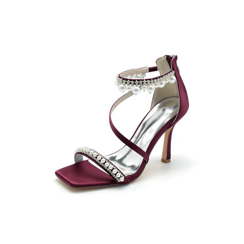 Square Open Toe Pearl Satin Stiletto Heels