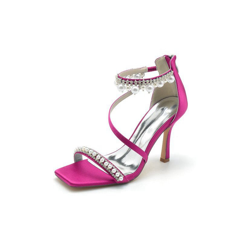 Square Open Toe Pearl Satin Stiletto Heels