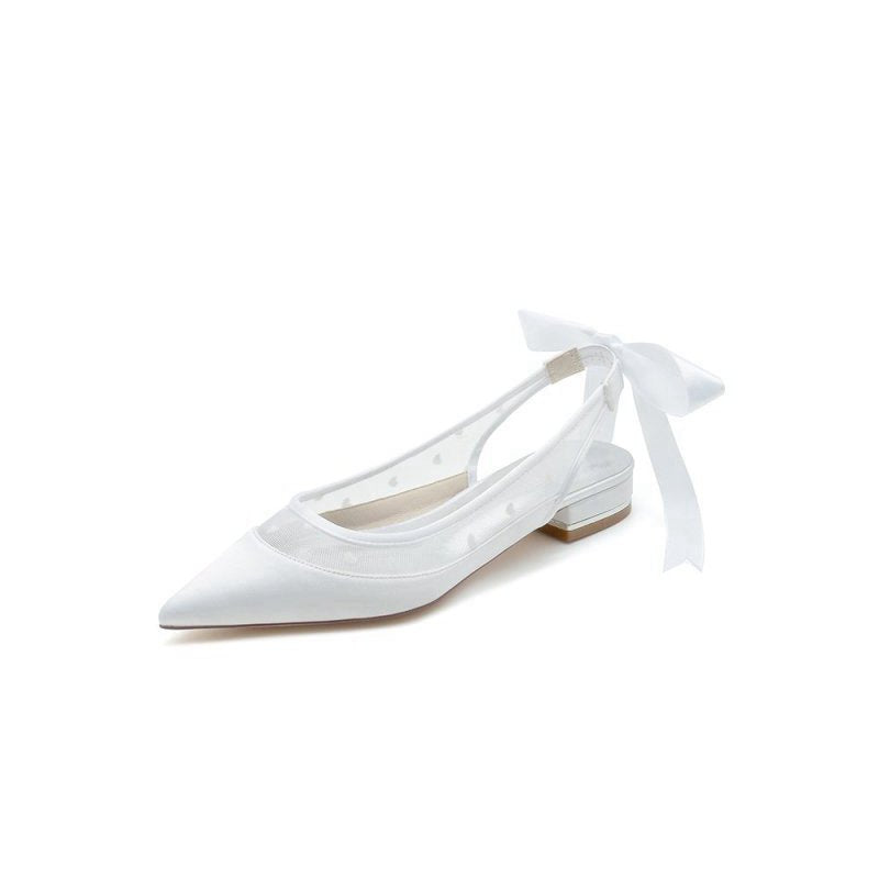 Satin Pointed Toe Mesh Low Heels With Bow