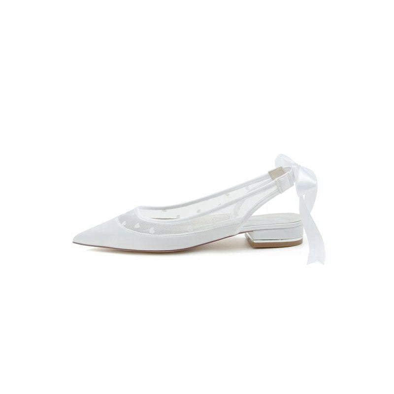 Satin Pointed Toe Mesh Low Heels With Bow