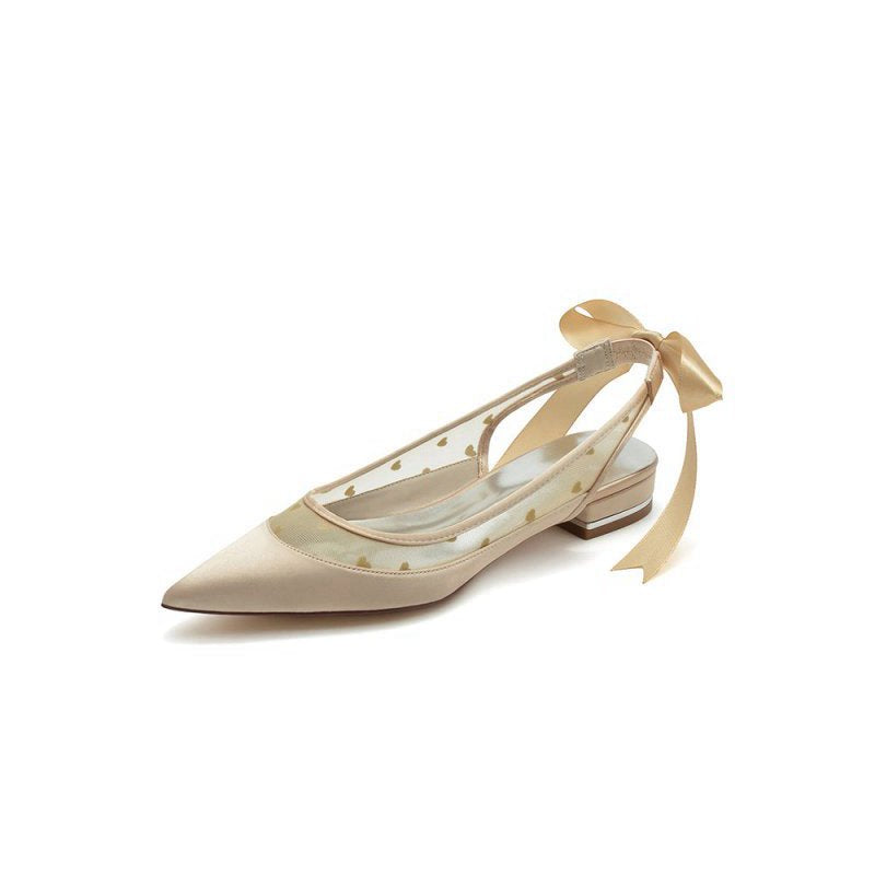 Satin Pointed Toe Mesh Low Heels With Bow