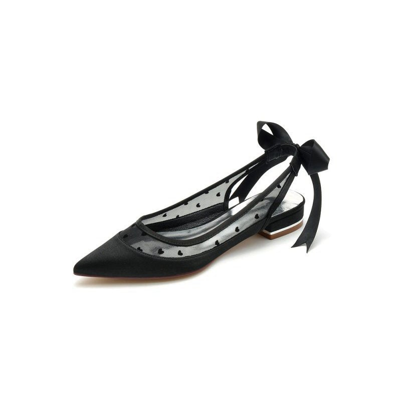 Satin Pointed Toe Mesh Low Heels With Bow