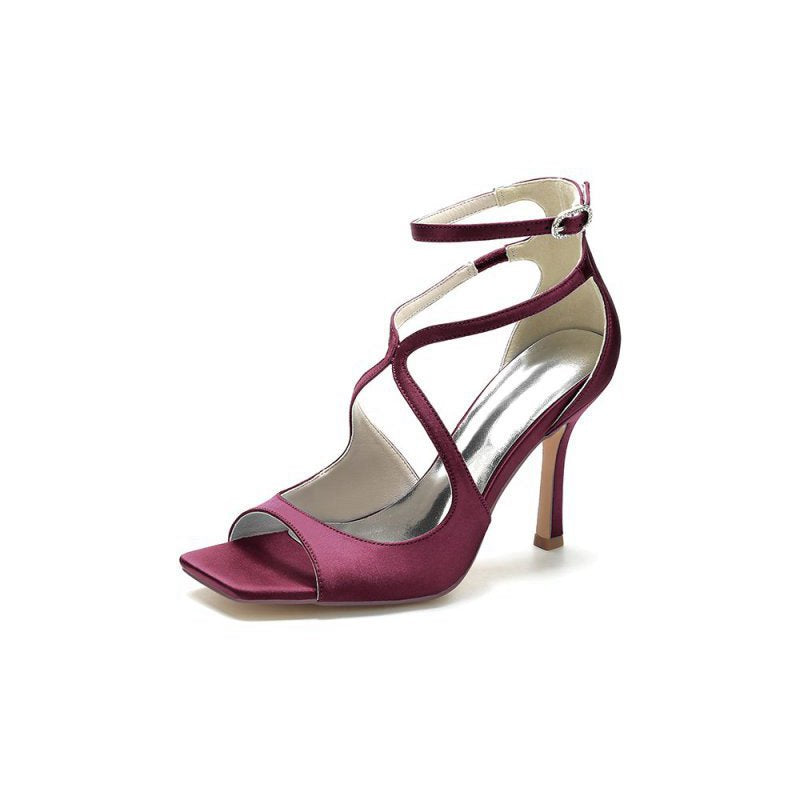 Square Open Toe Hollow Out Satin Stiletto Heels