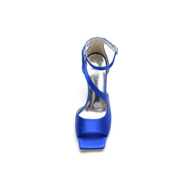 Simple Square Open Toe Ankle Strap Satin Prom Shoes