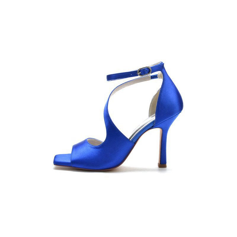 Simple Square Open Toe Ankle Strap Satin Prom Shoes