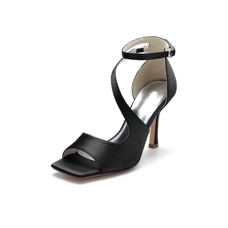 Simple Square Open Toe Ankle Strap Satin Prom Shoes