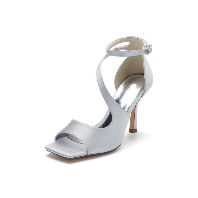 Simple Square Open Toe Ankle Strap Satin Prom Shoes