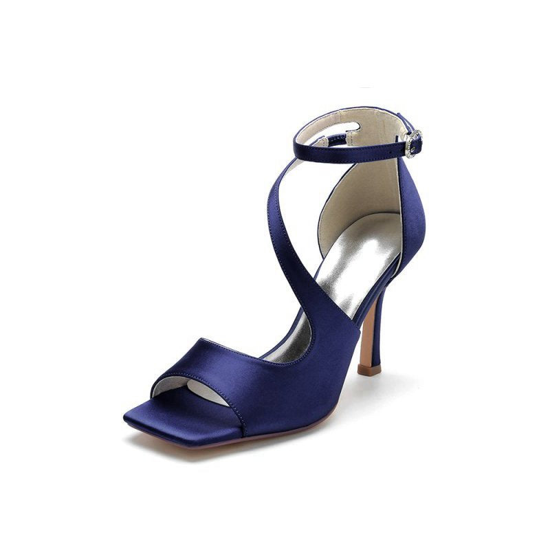 Simple Square Open Toe Ankle Strap Satin Prom Shoes