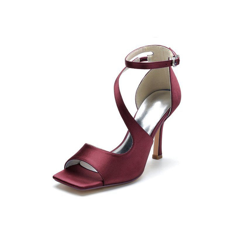 Simple Square Open Toe Ankle Strap Satin Prom Shoes