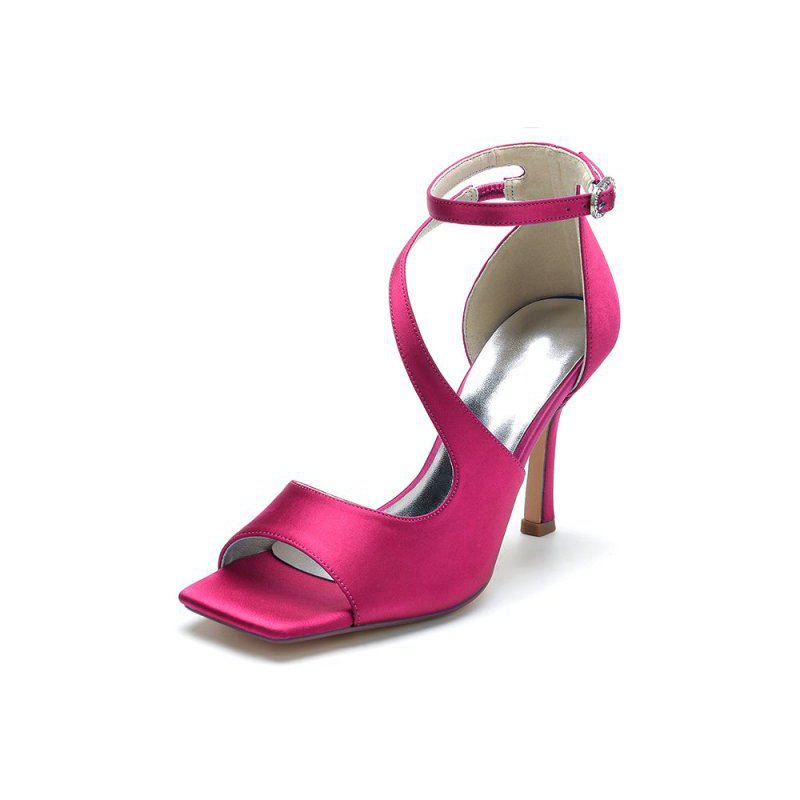 Simple Square Open Toe Ankle Strap Satin Prom Shoes