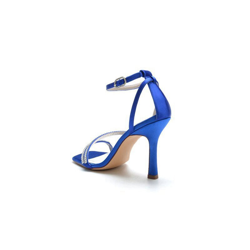 Square OpenToe Beaded Ankle Strap Satin Stiletto Heels