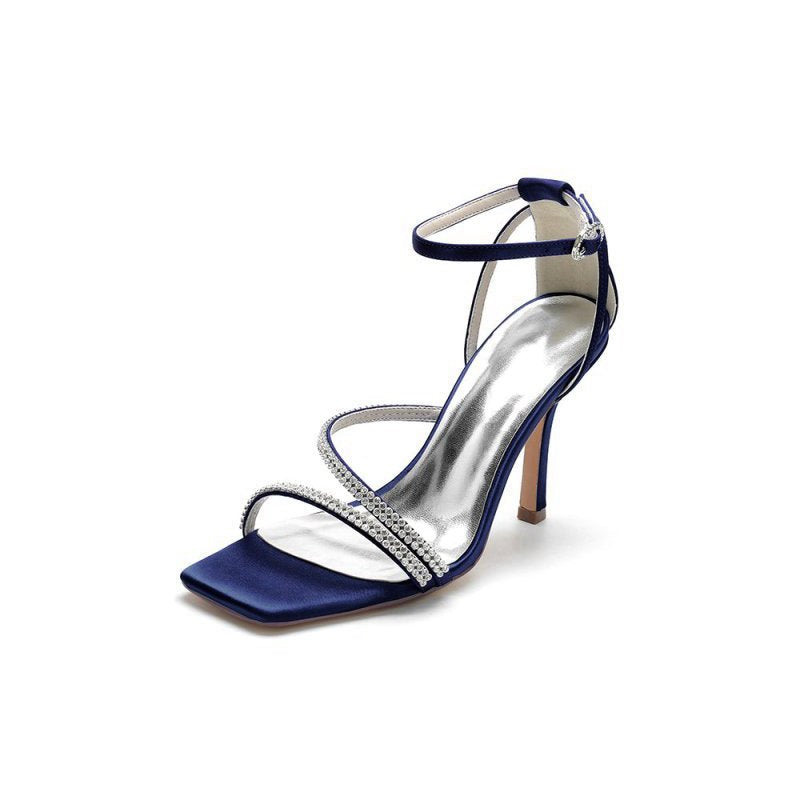 Square OpenToe Beaded Ankle Strap Satin Stiletto Heels