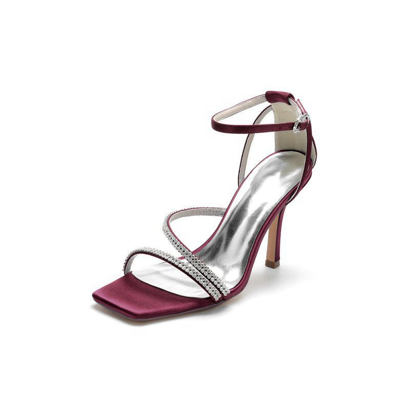 Square OpenToe Beaded Ankle Strap Satin Stiletto Heels