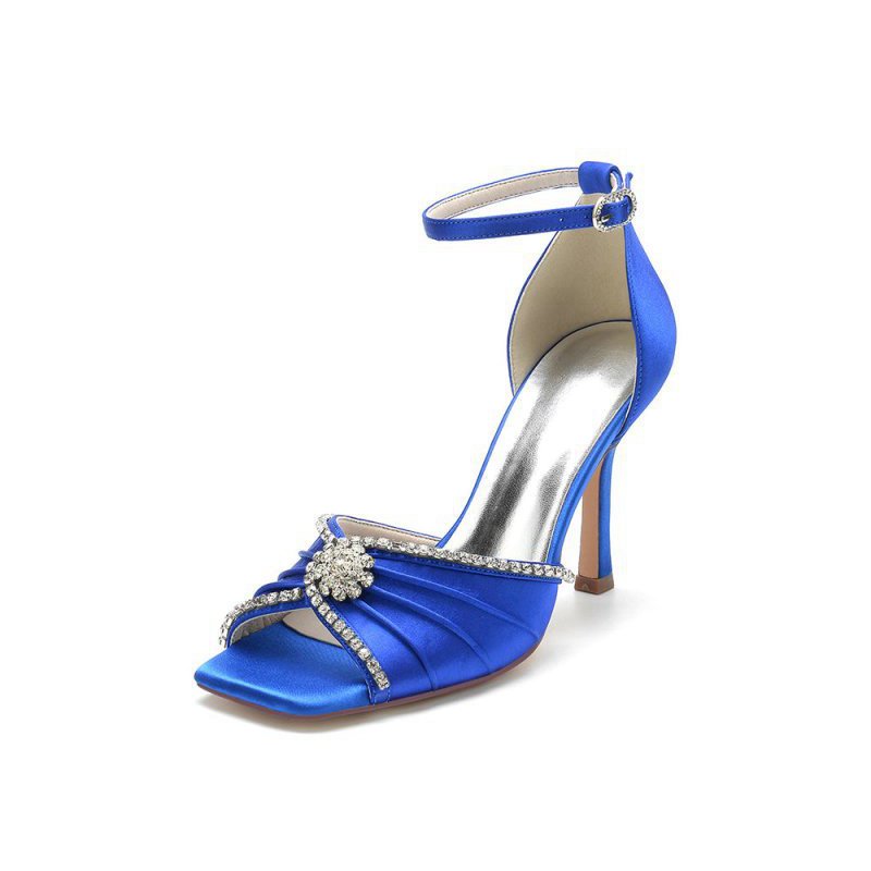 Satin Square OpenToe Stiletto Heels With Rhinestone
