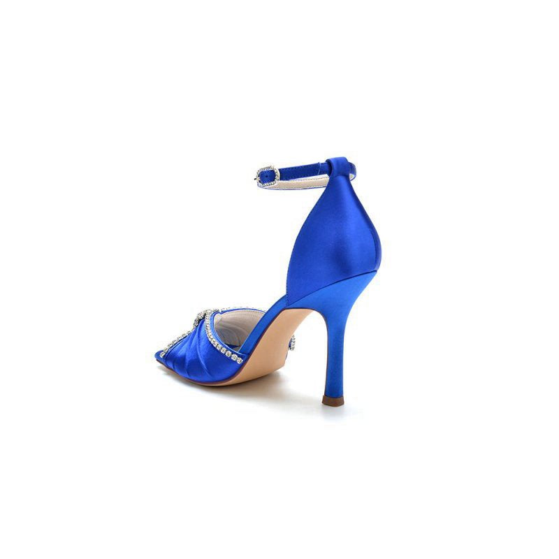 Satin Square OpenToe Stiletto Heels With Rhinestone