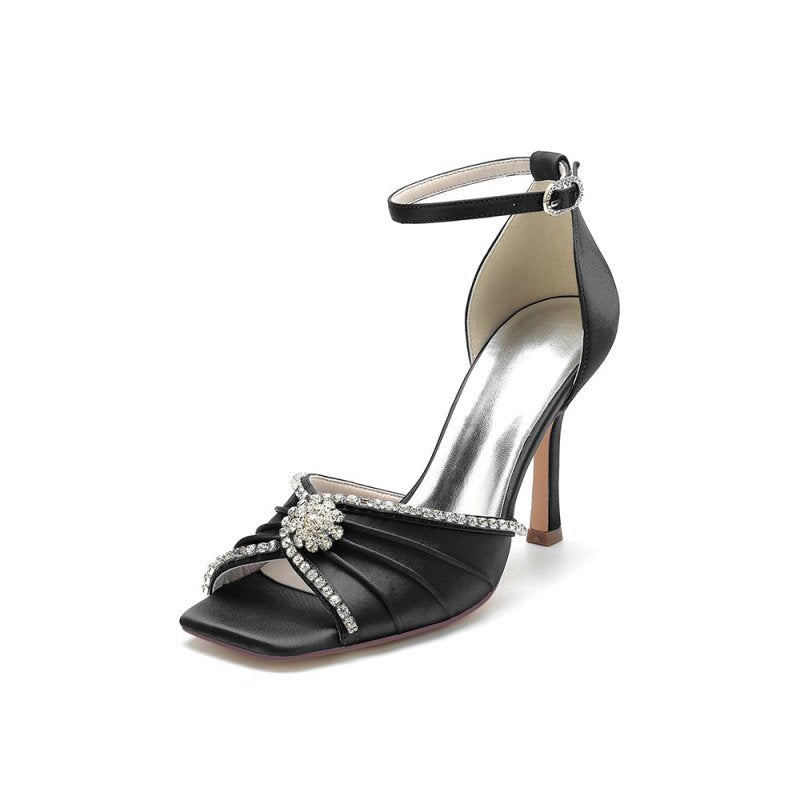 Satin Square OpenToe Stiletto Heels With Rhinestone