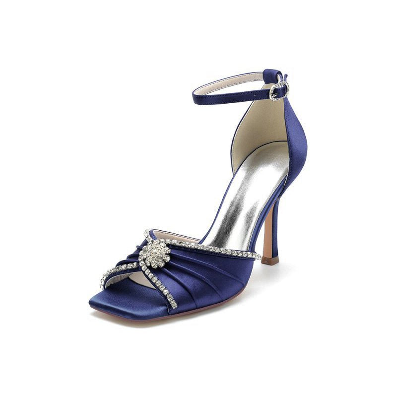 Satin Square OpenToe Stiletto Heels With Rhinestone