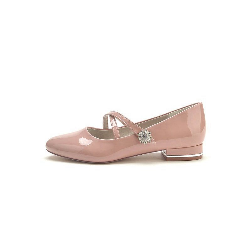 Beaded Pointed Toe Strap Buckle Patent Leather Low Heels