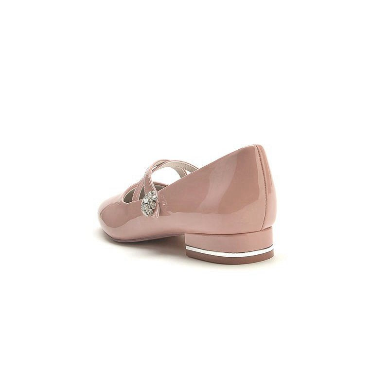 Beaded Pointed Toe Strap Buckle Patent Leather Low Heels