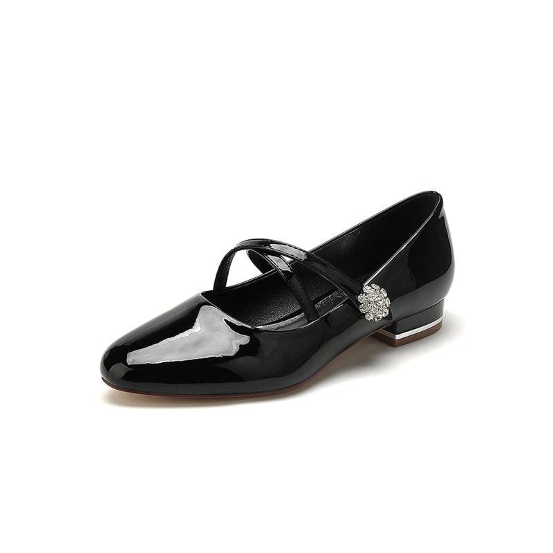 Beaded Pointed Toe Strap Buckle Patent Leather Low Heels