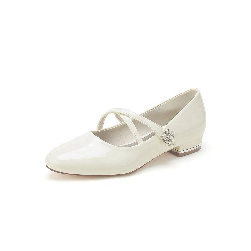 Beaded Pointed Toe Strap Buckle Patent Leather Low Heels