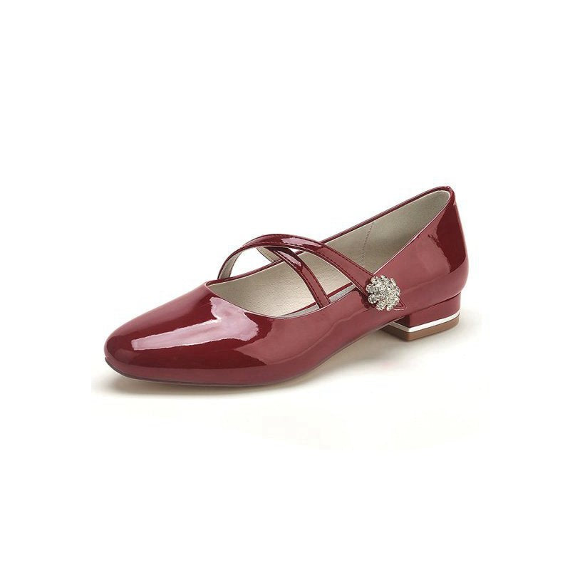 Beaded Pointed Toe Strap Buckle Patent Leather Low Heels