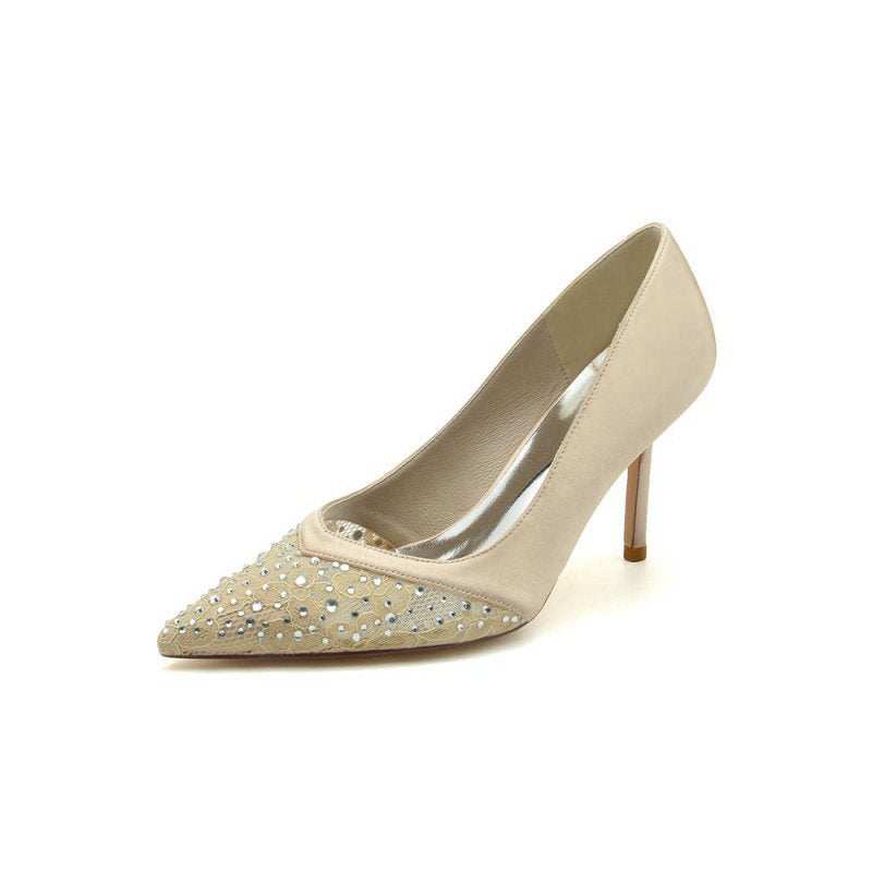 Lace Pointed Toe Beaded Satin Wedding Shoes