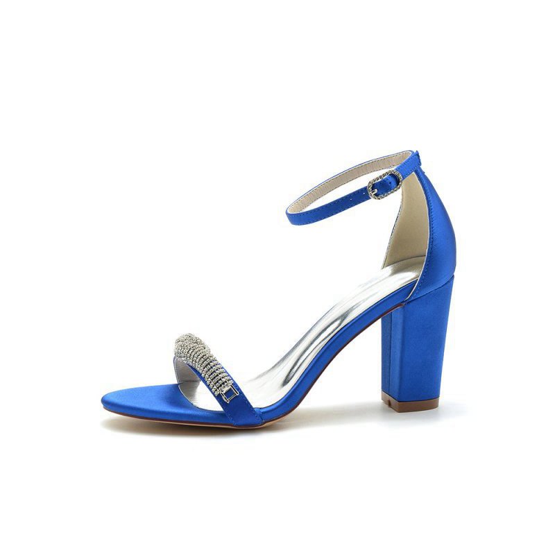 Beaded Open Toe Ankle Strap Satin Chunky Heels