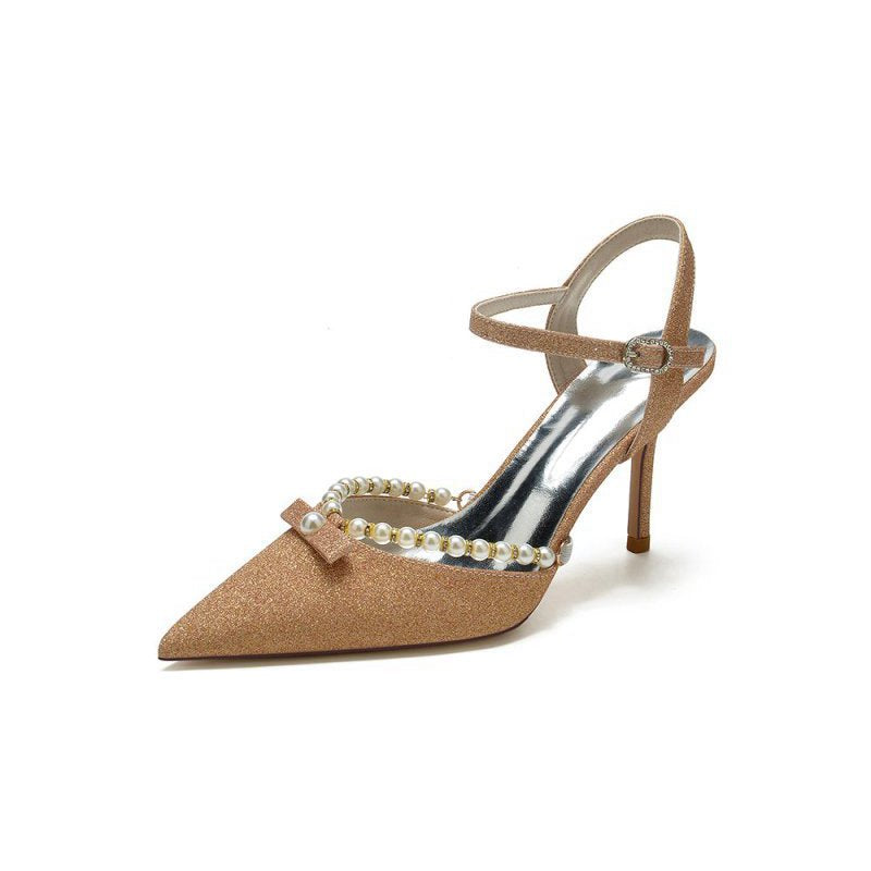 Pointed Toe Pearl Glitter Wedding Shoes With Bow