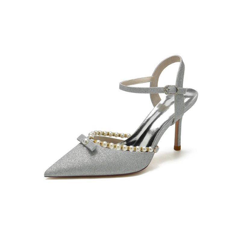 Pointed Toe Pearl Glitter Wedding Shoes With Bow