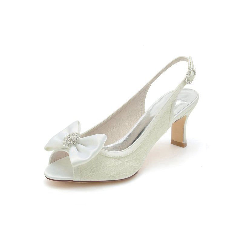 Open Toe Beaded Lace Wedding Shoes With Bow