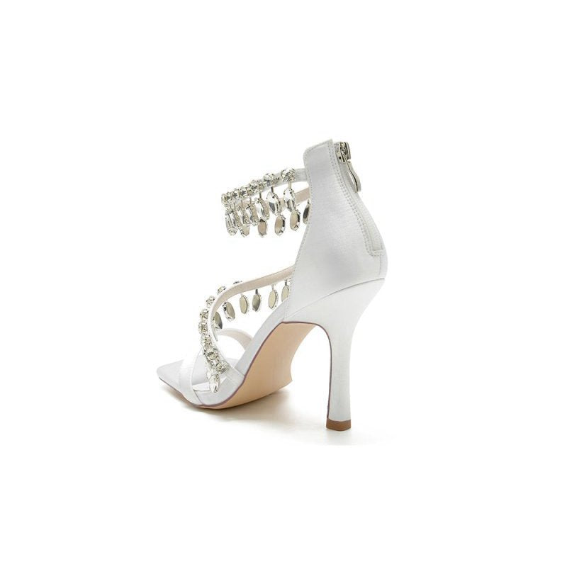 Beaded Square Open Toe Ankle Strap Satin Stiletto Heels