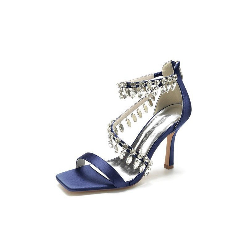 Beaded Square Open Toe Ankle Strap Satin Stiletto Heels