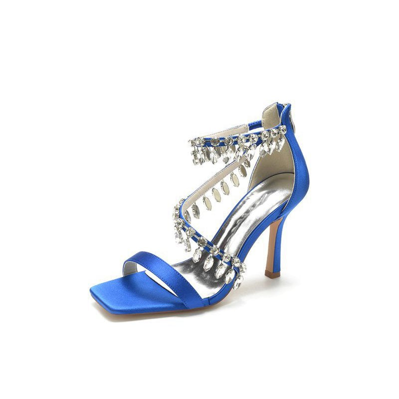 Beaded Square Open Toe Ankle Strap Satin Stiletto Heels