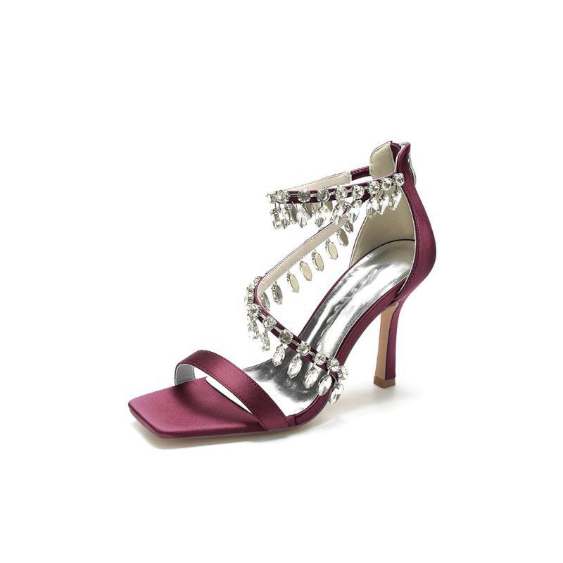 Beaded Square Open Toe Ankle Strap Satin Stiletto Heels