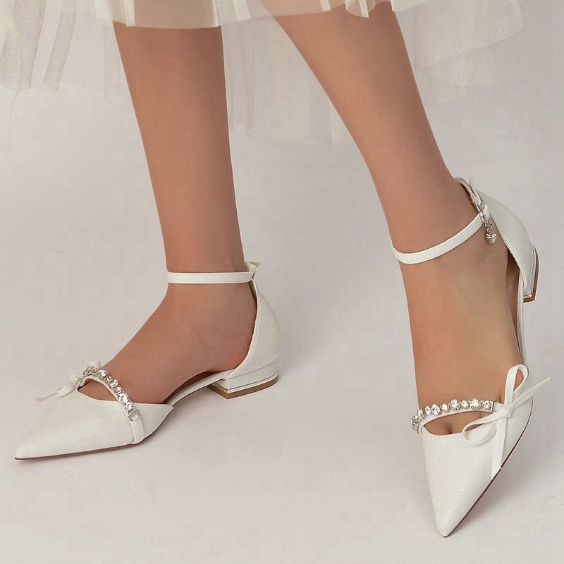 Beaded Pointed Toe Ankle Strap Wedding Shoes With Bow