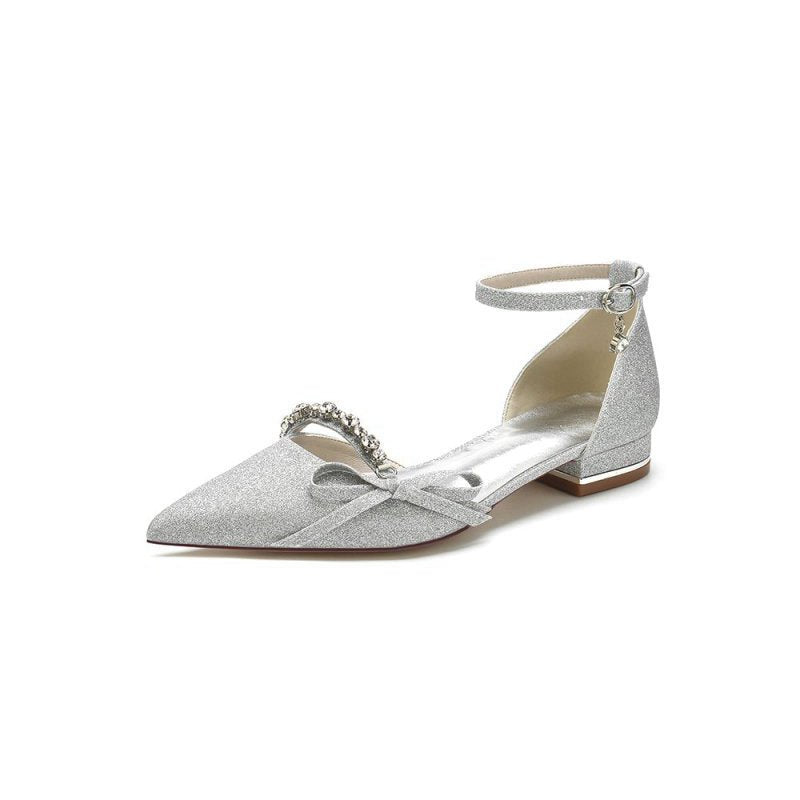 Beaded Pointed Toe Ankle Strap Wedding Shoes With Bow