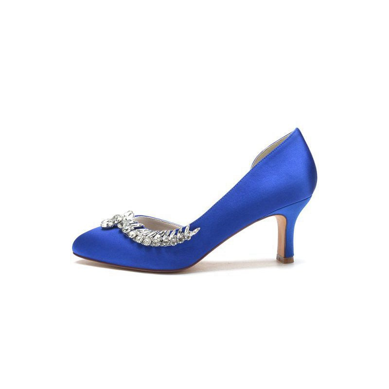 Round Toe Crystal Leaf Chunky Heels