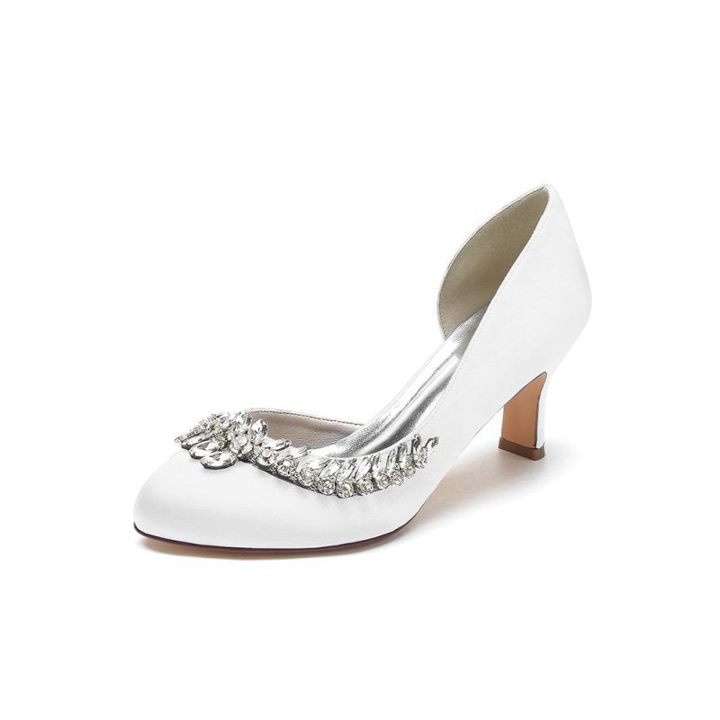 Round Toe Crystal Leaf Chunky Heels