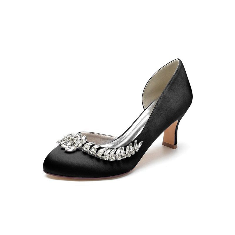 Round Toe Crystal Leaf Chunky Heels