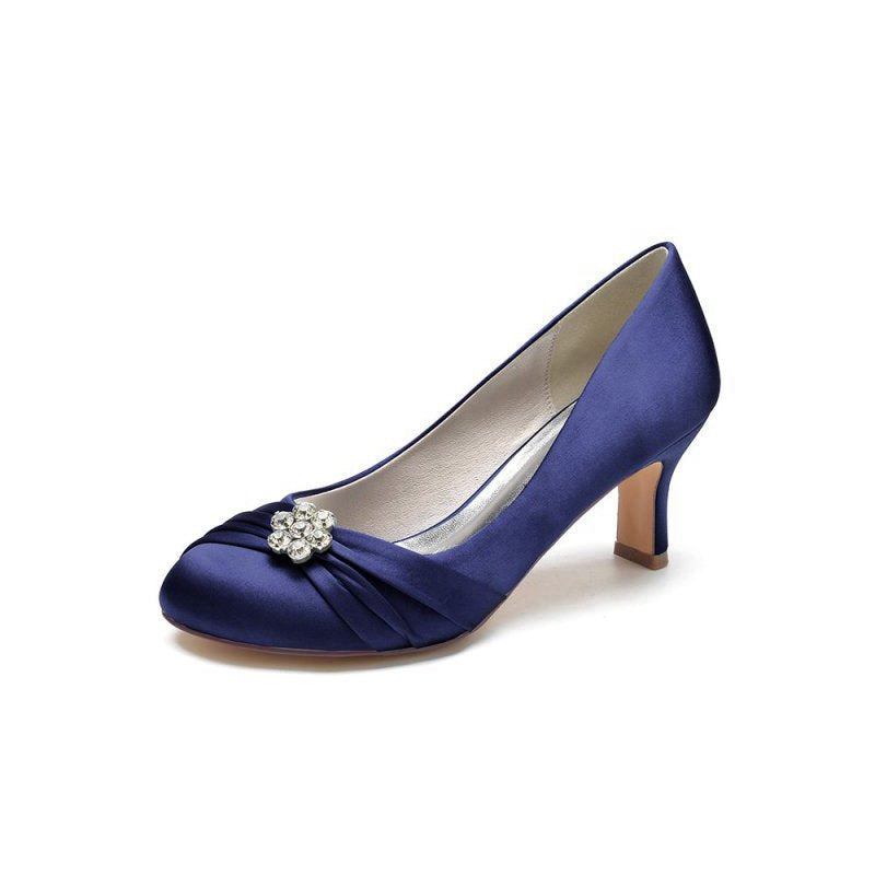 Round Toe Crystal Flower Chunky Heels