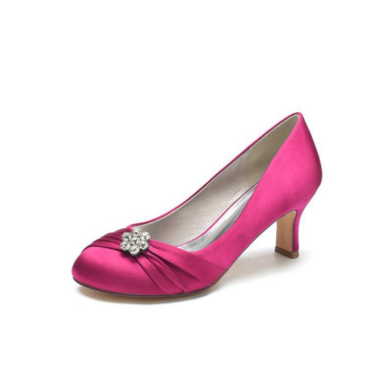 Round Toe Crystal Flower Chunky Heels