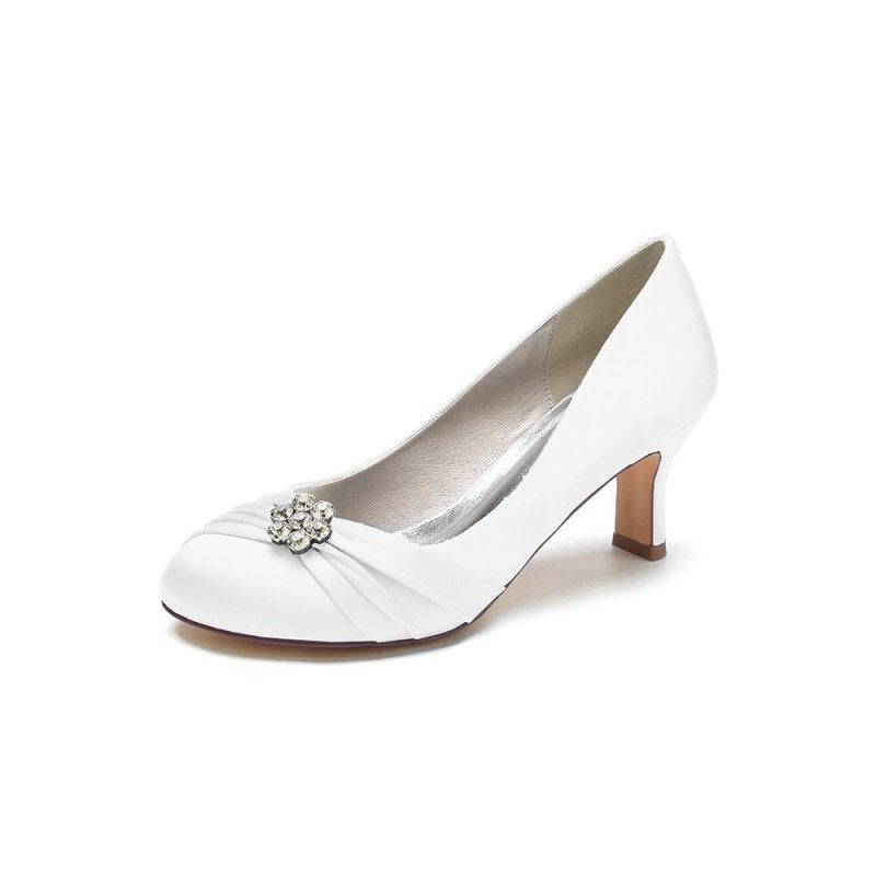 Round Toe Crystal Flower Chunky Heels