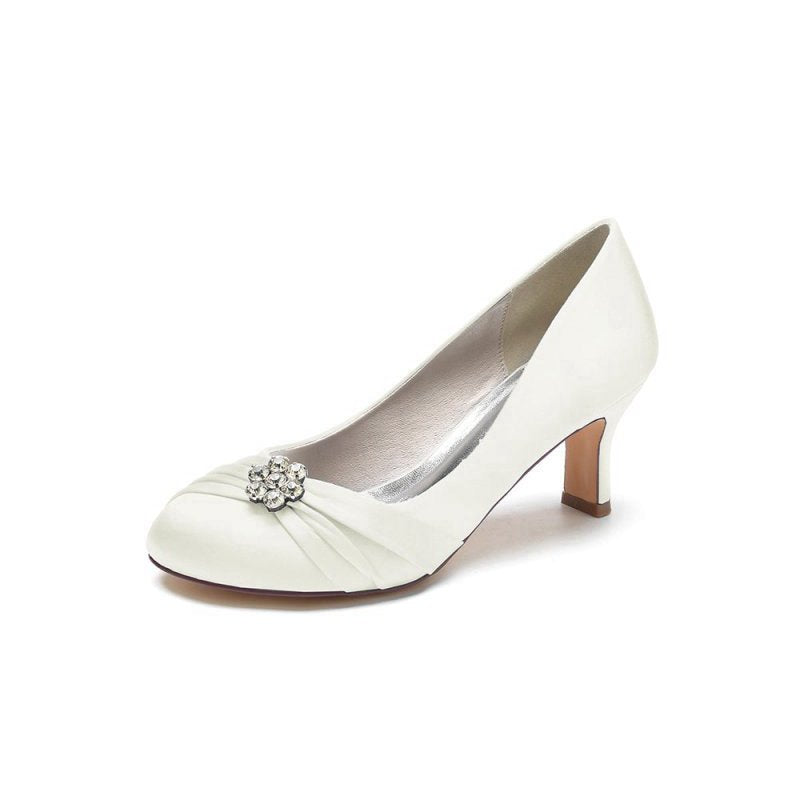 Round Toe Crystal Flower Chunky Heels