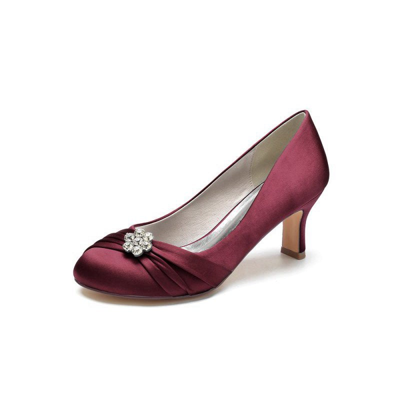 Round Toe Crystal Flower Chunky Heels