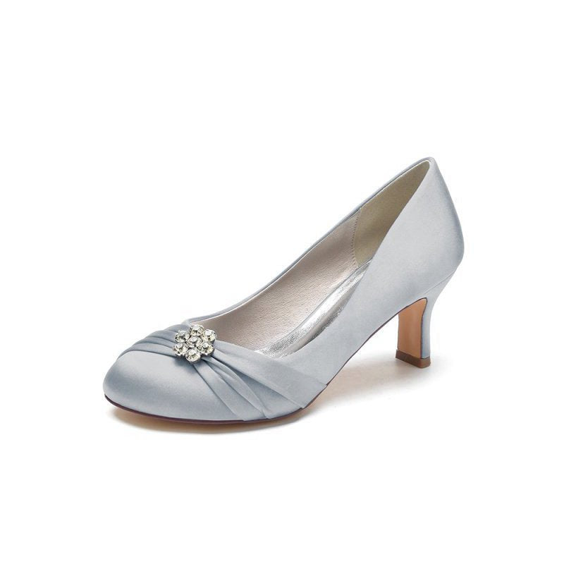Round Toe Crystal Flower Chunky Heels