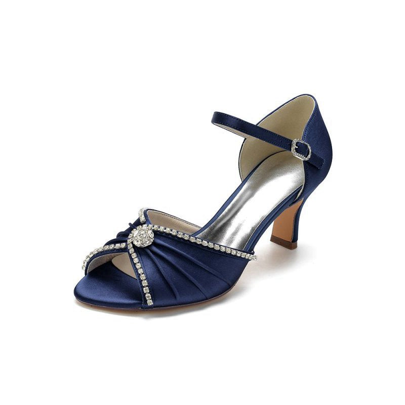 Crystal Open Toe Buckle Strap Chunky Heels