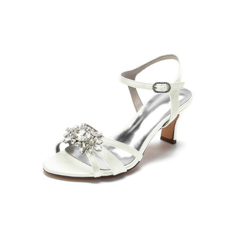 Open Toe Crystal Flower Chunky Heels